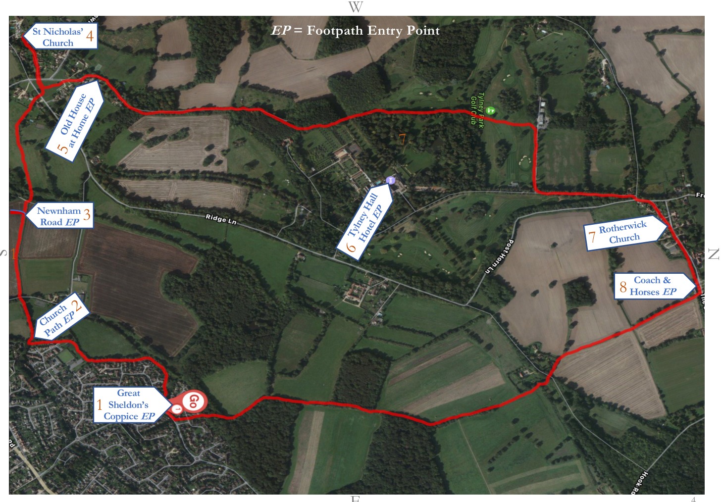 Map of the 4.6-mile circular walk around Hook, Newnham and Rotherwick, with the route marked in red